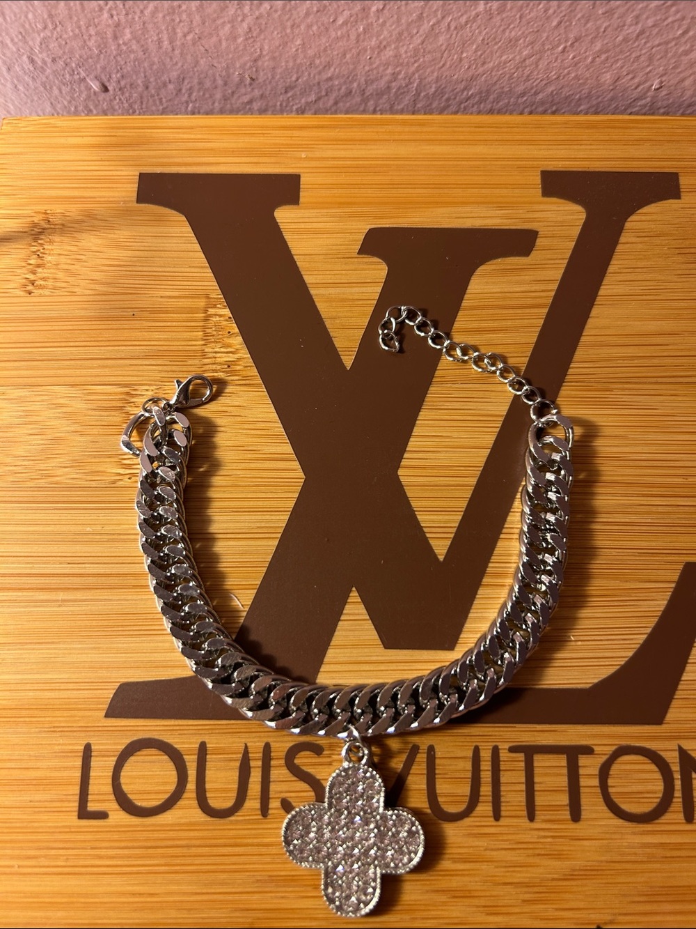 Silver Curb Chain Bracelet with Pavé Clover Pendant